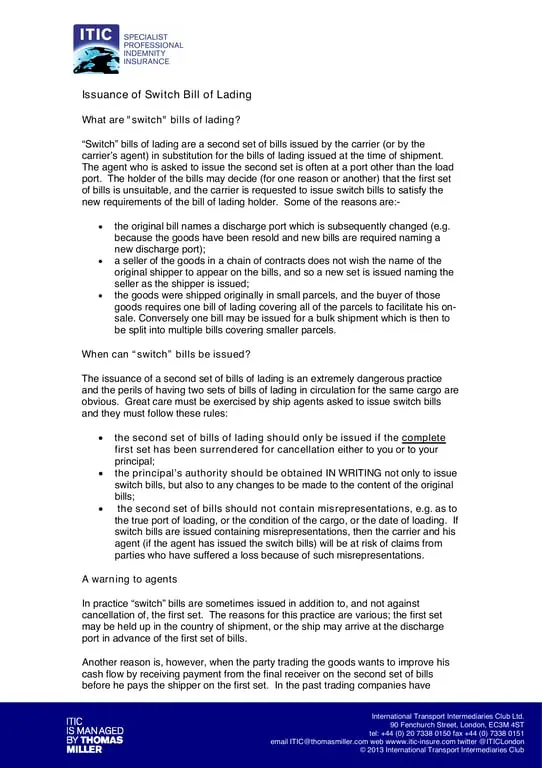 Arkansas Switch Bill of Lading - ITIC's Process for Shipping Modifications