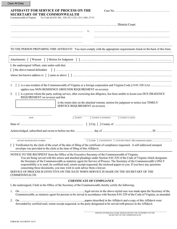 DC-410 Virginia Affidavit of Service for Process on Secretary of the Commonwealth