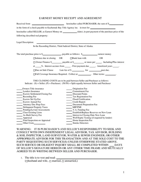 Alaska Earnest Money Receipt and Agreement with Multiple Payment Options