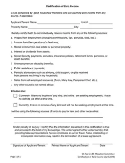 California Certification of Zero Income for Tenants form preview