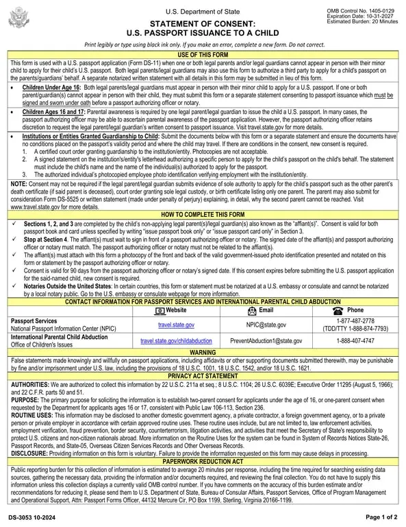 DS-3053 Maryland Child Passport Consent Statement
