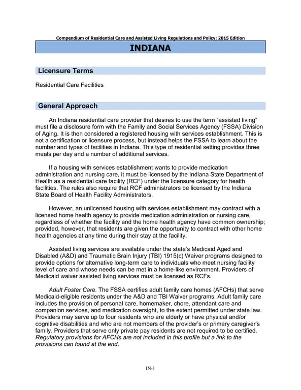 Indiana IN-1 Dietary Requirements for Registered Assisted Living Facilities