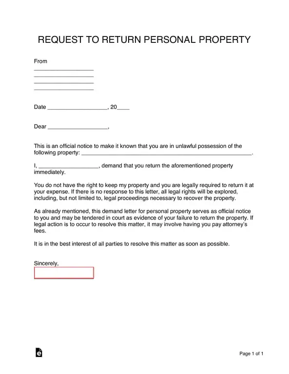 Official Demand Letter for Return of Personal Property