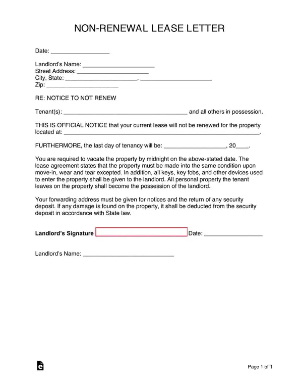Alabama Non-Renewal Lease Letter and Tenant Responsibilities