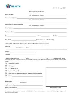 Washington DOH 604-002 - Official Identity Declaration and Medical Records Verification form preview