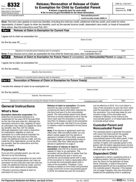 8332 – Release/Revocation of Claim to Exemption for Child by Custodial Parent