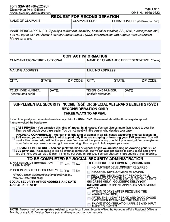 SSA-561-U2 – Request for Social Security Reconsideration