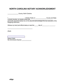 North Carolina Notary Acknowledgment for Signature Authenticity form preview
