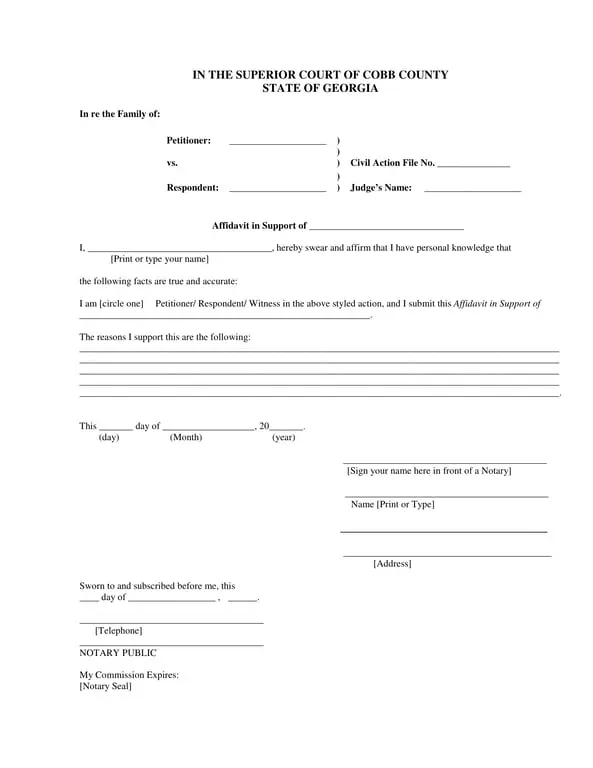 Georgia Superior Court Family Civil Action Affidavit