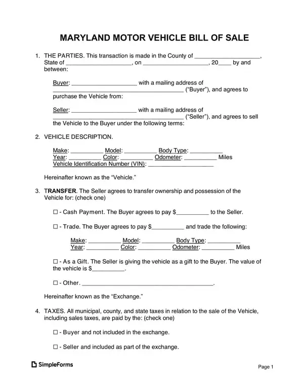 Maryland Vehicle Transaction Record