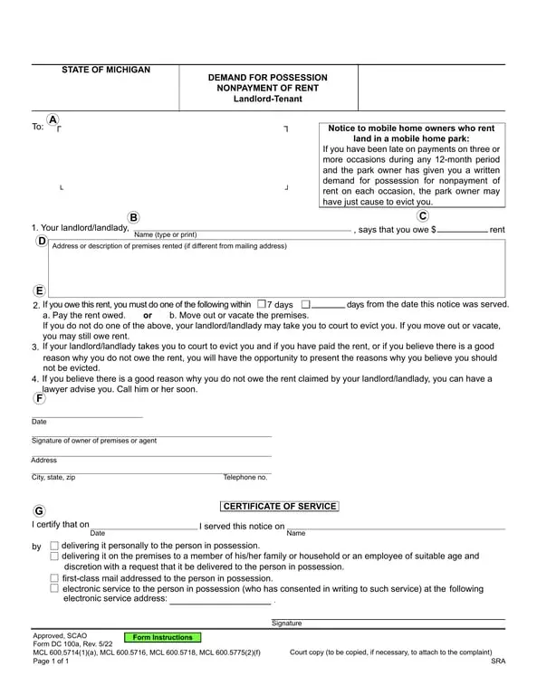 Michigan DC 100a Official Demand for Possession Due to Nonpayment of Rent
