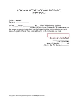 Louisiana Notary Acknowledgement for Legal Signature Authentication form preview
