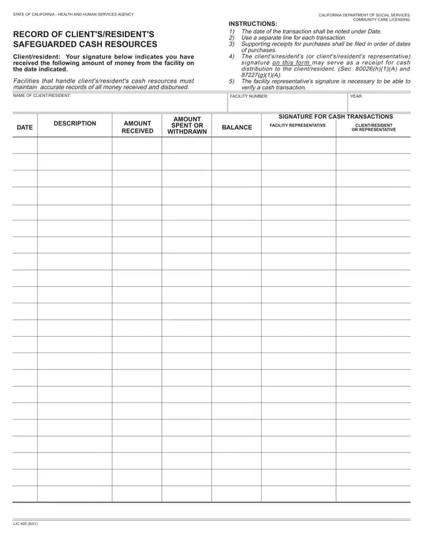 California Client Cash Transaction Record - Social Services Department