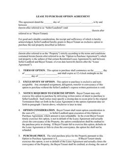 Lease to Purchase Option Agreement - Residential Property Contract form preview
