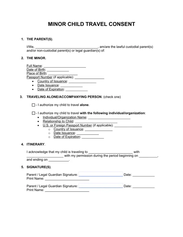 Minor Child Travel Consent Declaration - Domestic Travel Authorization for Minors