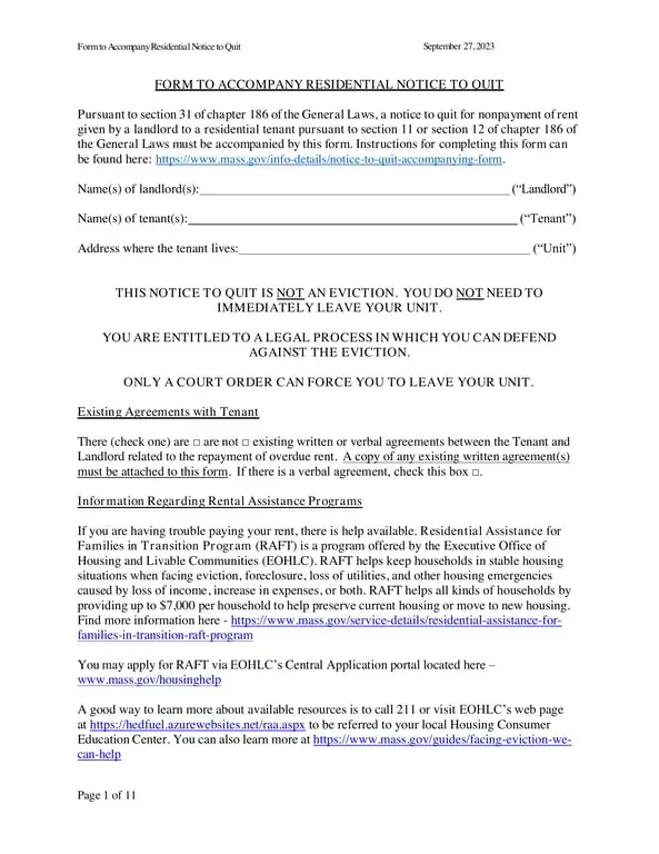 Massachusetts Residential Notice to Quit - Chapter 186 Section 31
