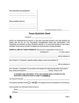 Texas Property Interest Transfer and Confidentiality Notice - Quitclaim Deed form preview