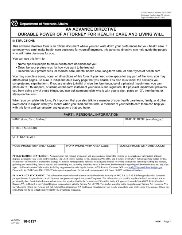 VA Health Care Directive 2900-0556 - Express Your Preferences & Appoint Health Decisions Proxy