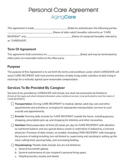 Personal Care Agreement for Elderly - Terms and Responsibilities of Caregiver form preview