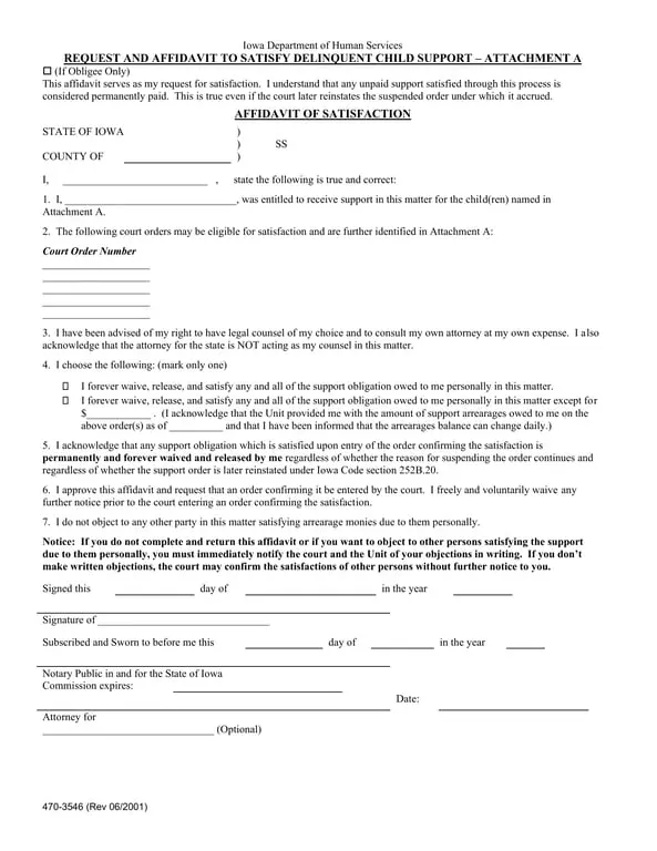 Iowa Child Support Clearance Declaration - Attachment A