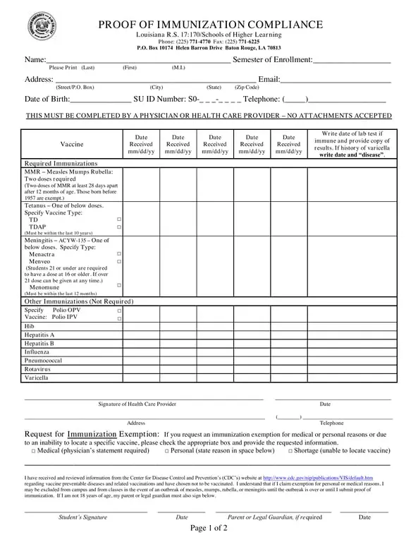 Louisiana Immunization Compliance Proof - R.S. 17:170 Mandatory Record for Student Enrollment