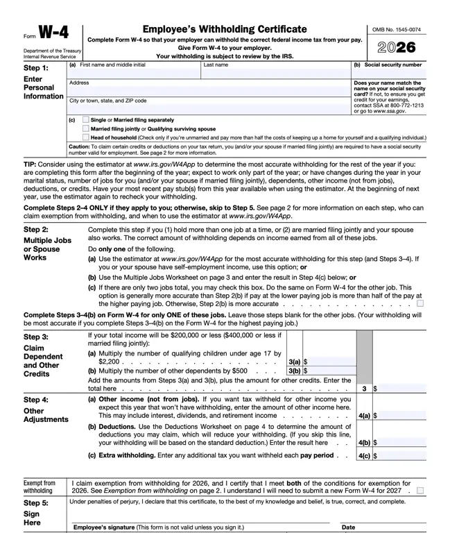 W-4 – Employee’s Withholding Certificate