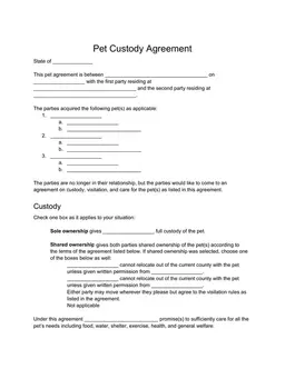 Pet Custody Agreement - Establishing Ownership and Care Responsibilities for Shared Pets form preview