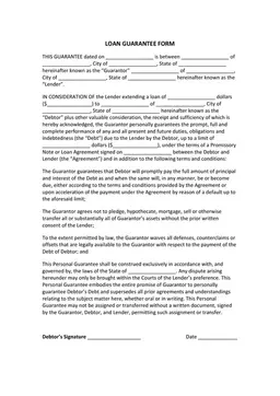 Guarantor-Lender Agreement for Loan Repayment - Personal Guarantee form preview