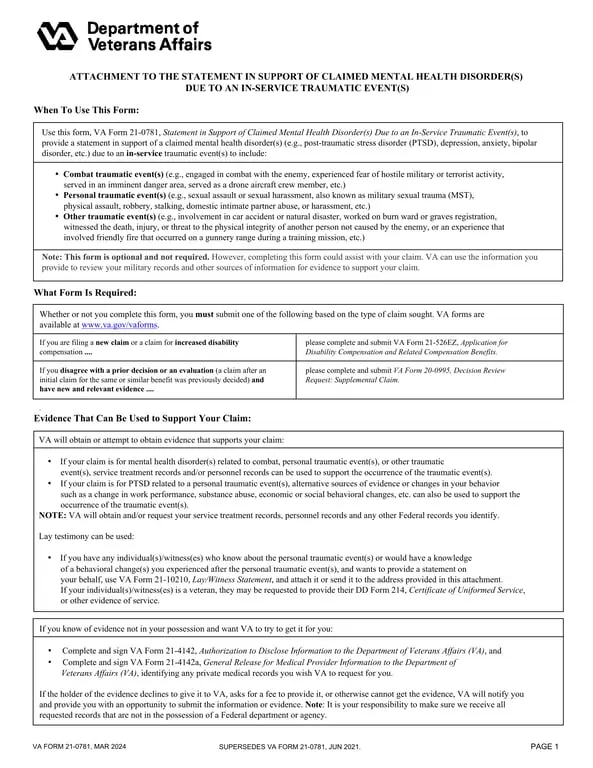 VA 21-10210 - Evidence Submission for VeteranMental Health Disorder Claims