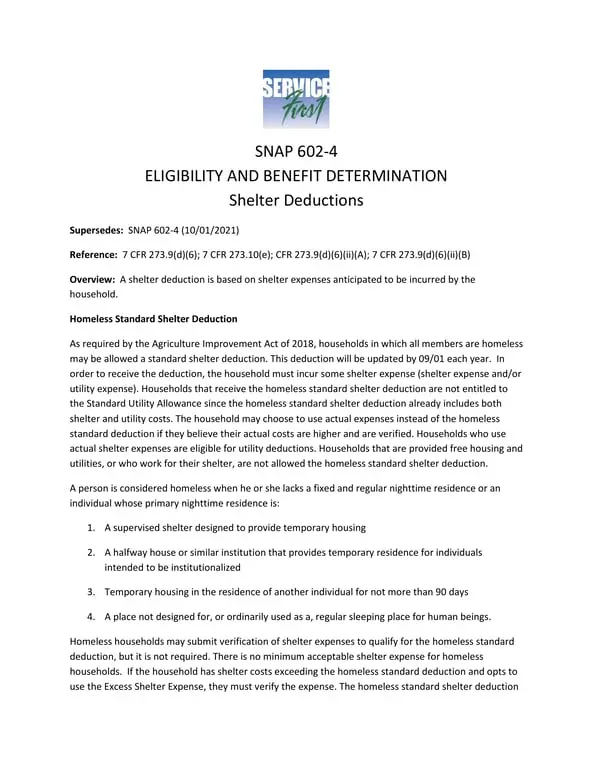 SNAP 602-4 Montana Shelter Verification and Benefits Eligibility