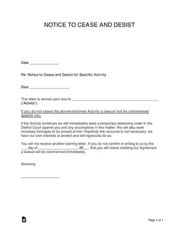 Notice to Cease and Desist - Official Stop Activity Request form preview