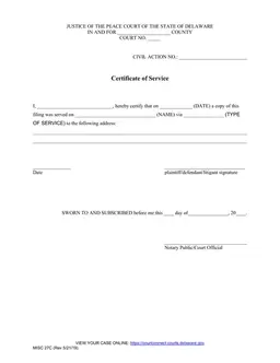 Delaware Certificate of Service - JP Court form preview